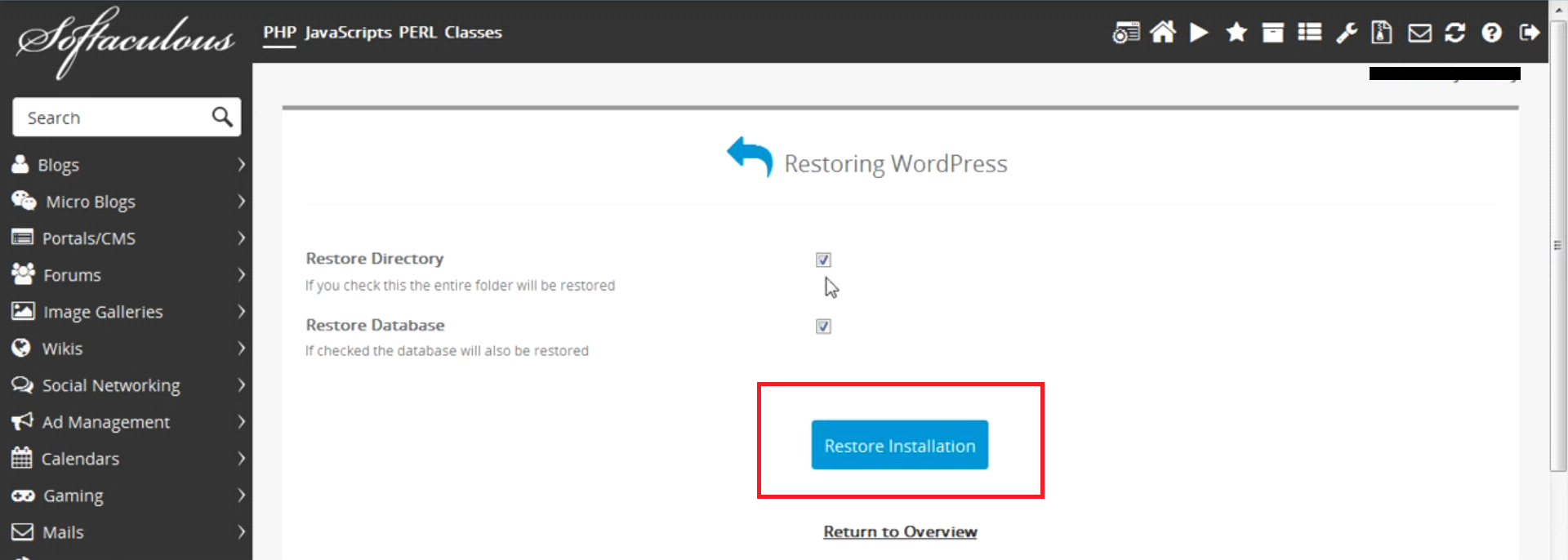 WordPress Backup Restoration from Softaculous
