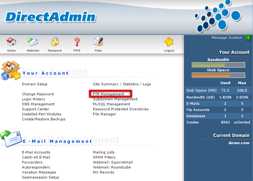 FTP Administration in DirectAdmin