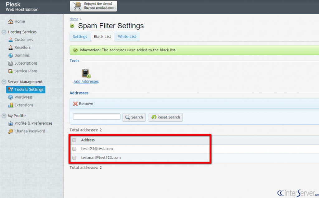 Spam Filter Settings in Plesk