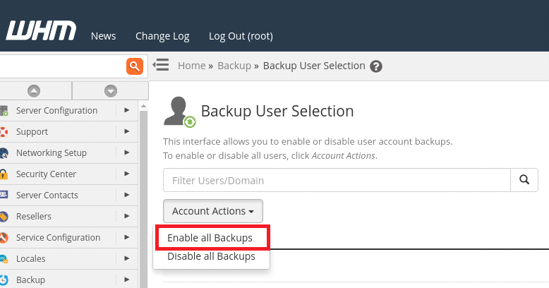 Backup user selection WebHostingPeople