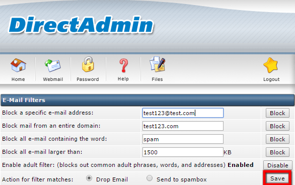 SPAM Filters in DirectAdmin