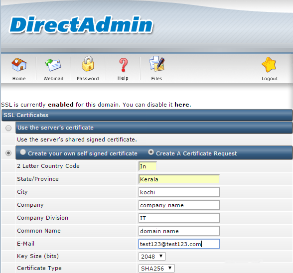 Install SSL Certificate in Direct Admin
