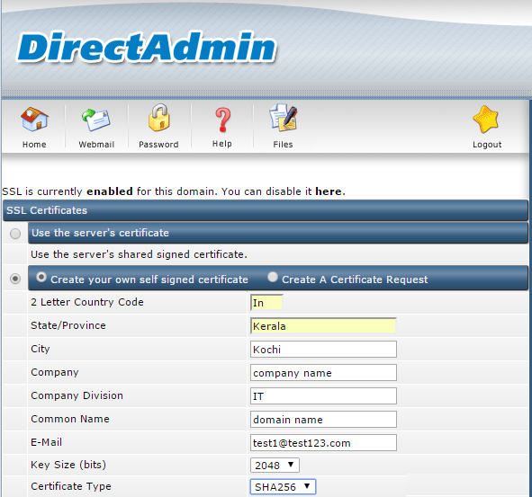 Install SSL Certificate in Direct Admin